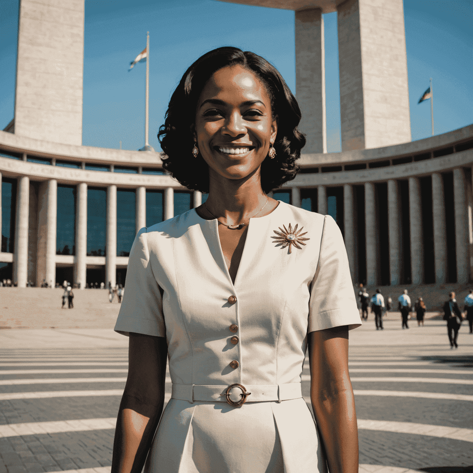 Imagem de Simone Tebet sorrindo, vestida elegantemente, em pé em frente ao Congresso Nacional em Brasília