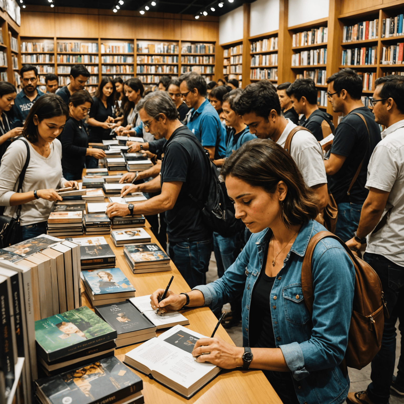 Simone Tebet assinando livros em uma livraria movimentada em São Paulo, com fãs fazendo fila