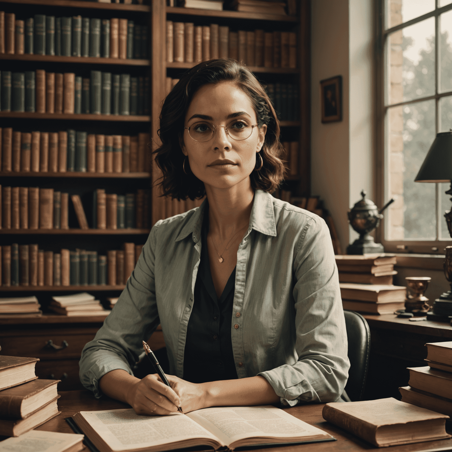 Simone Tebet sentada em sua mesa de escritório, rodeada por livros e manuscritos, com uma caneta na mão e um olhar pensativo