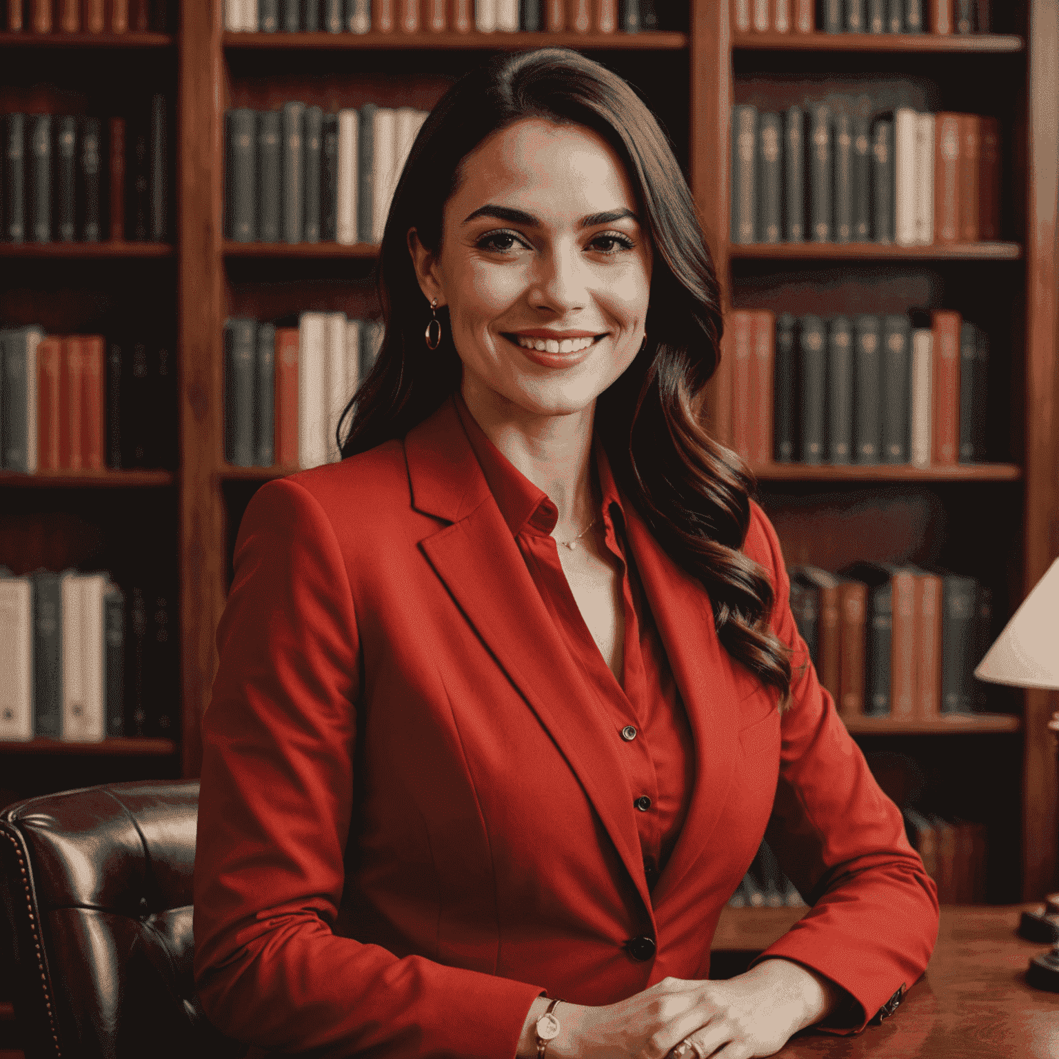 Retrato de Simone Tebet sorrindo, vestida elegantemente com um terno vermelho, em frente a uma estante de livros em um escritório sofisticado