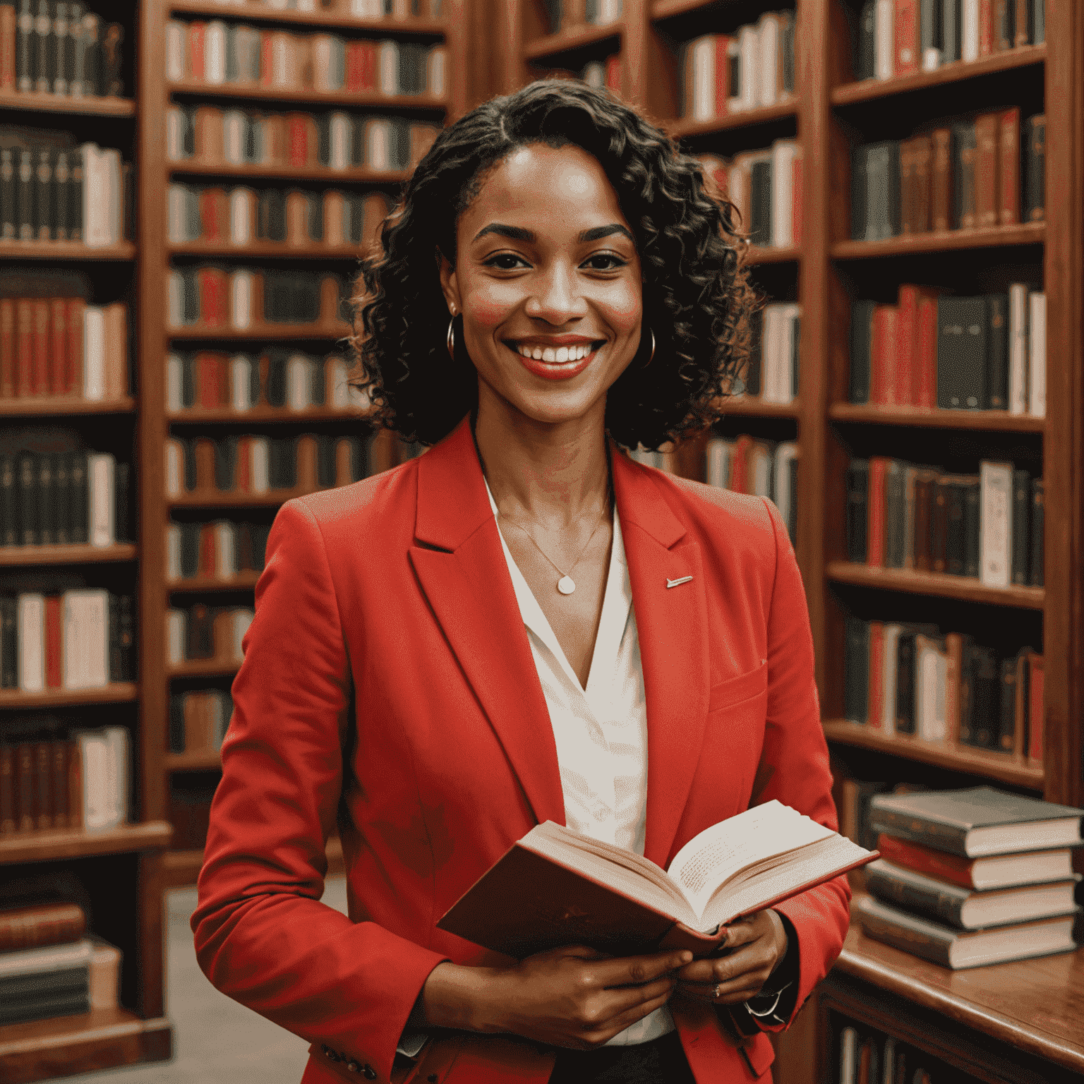 Imagem de Simone Tebet sorrindo e segurando seu livro autobiográfico mais recente. Ela está vestida elegantemente com um blazer vermelho, em um cenário de biblioteca com estantes de livros ao fundo.