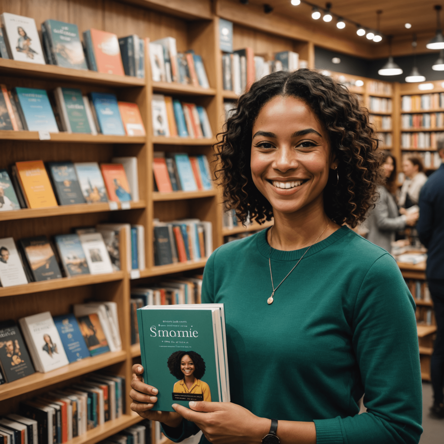 Imagem de Simone Tebet sorrindo e segurando seu novo livro em um evento de lançamento em uma livraria movimentada