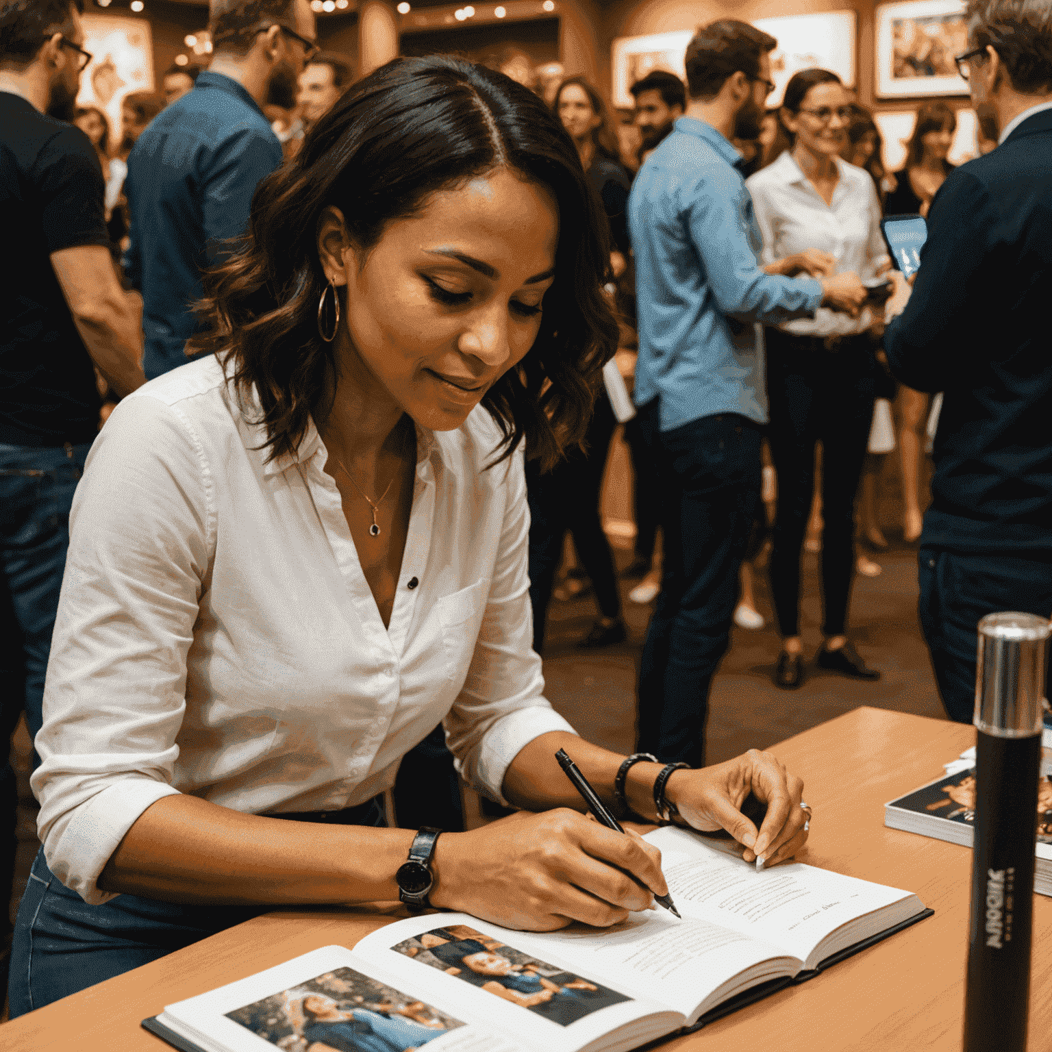 Simone Tebet em um evento de lançamento, assinando cópias de seu livro para fãs entusiasmados