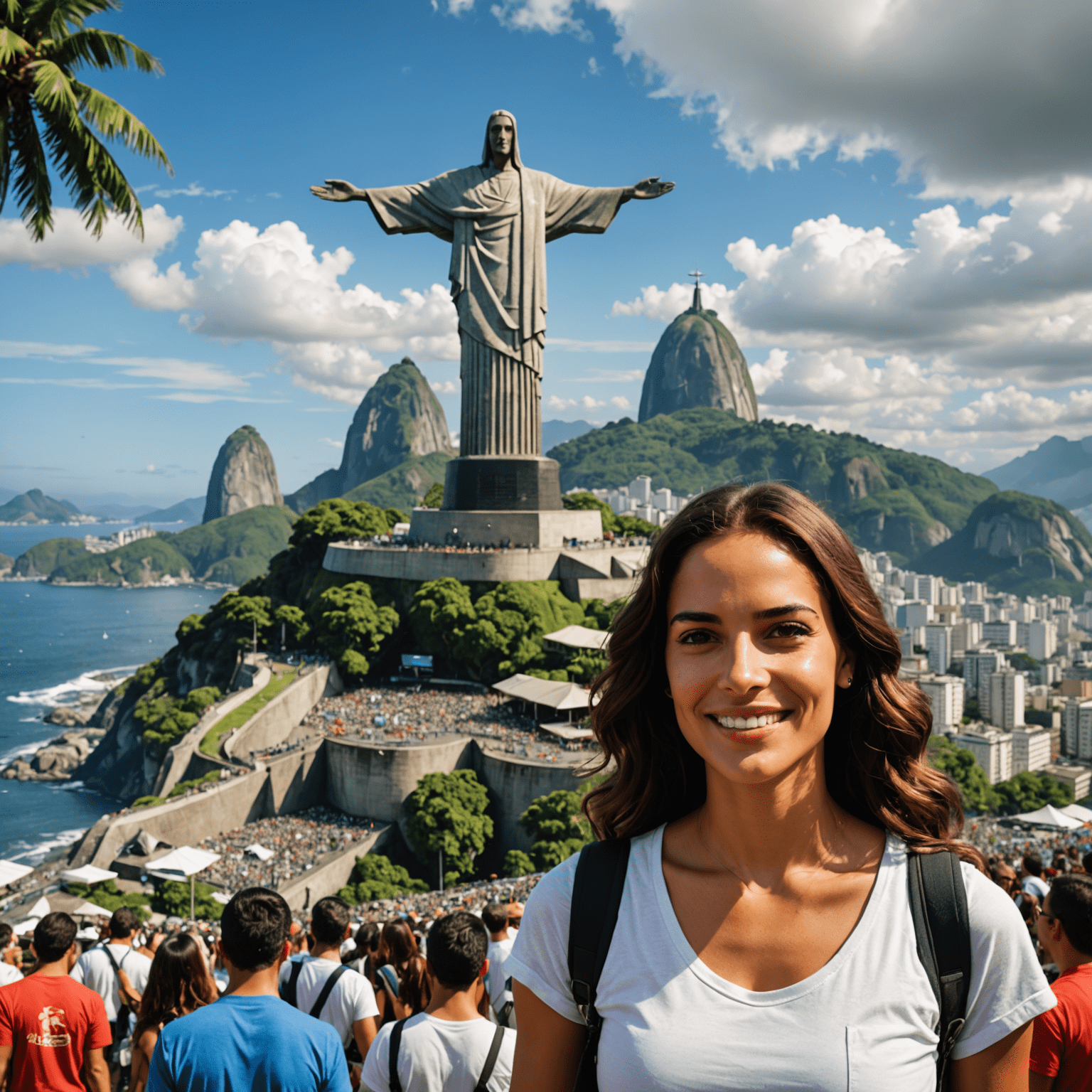 Simone Tebet em um evento ao ar livre no Rio de Janeiro, com o Cristo Redentor ao fundo