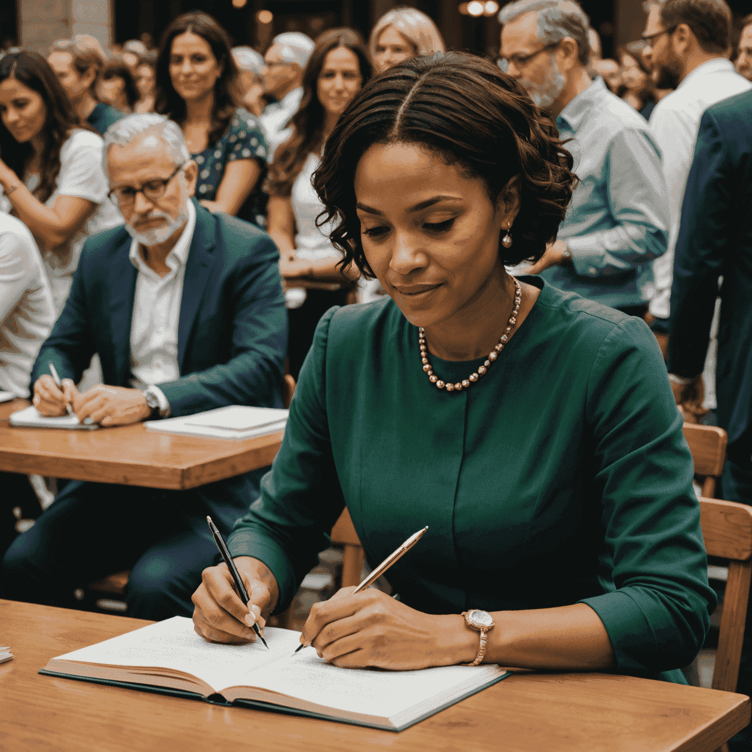 Simone Tebet sentada em uma mesa, assinando livros para uma fila de fãs entusiasmados