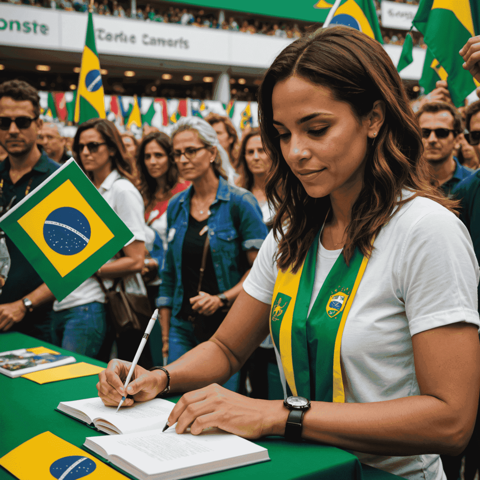 Imagem de Simone Tebet autografando livros para fãs em um evento lotado, com bandeiras brasileiras ao fundo