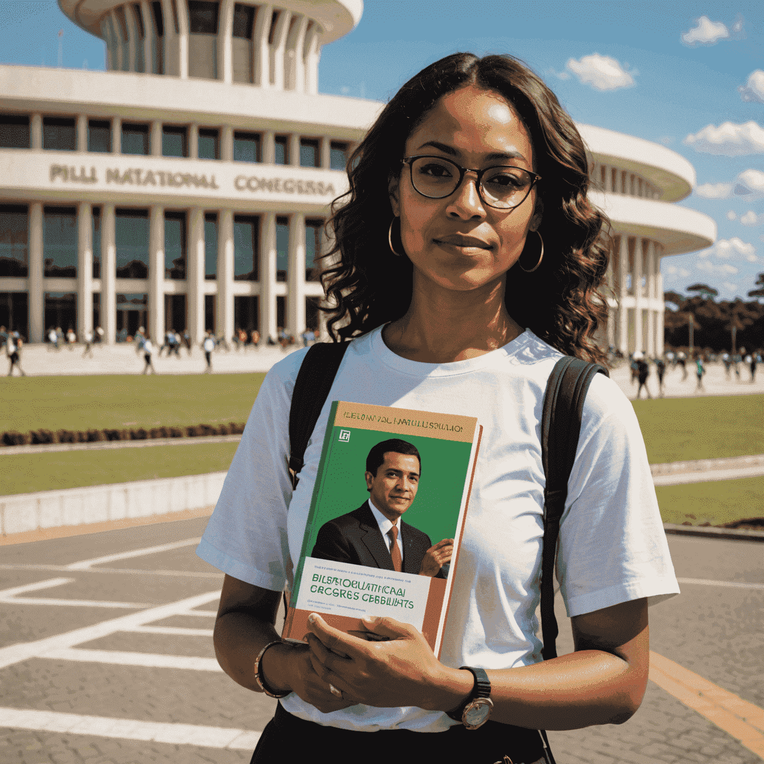 Simone Tebet em frente ao Congresso Nacional em Brasília, segurando seu livro