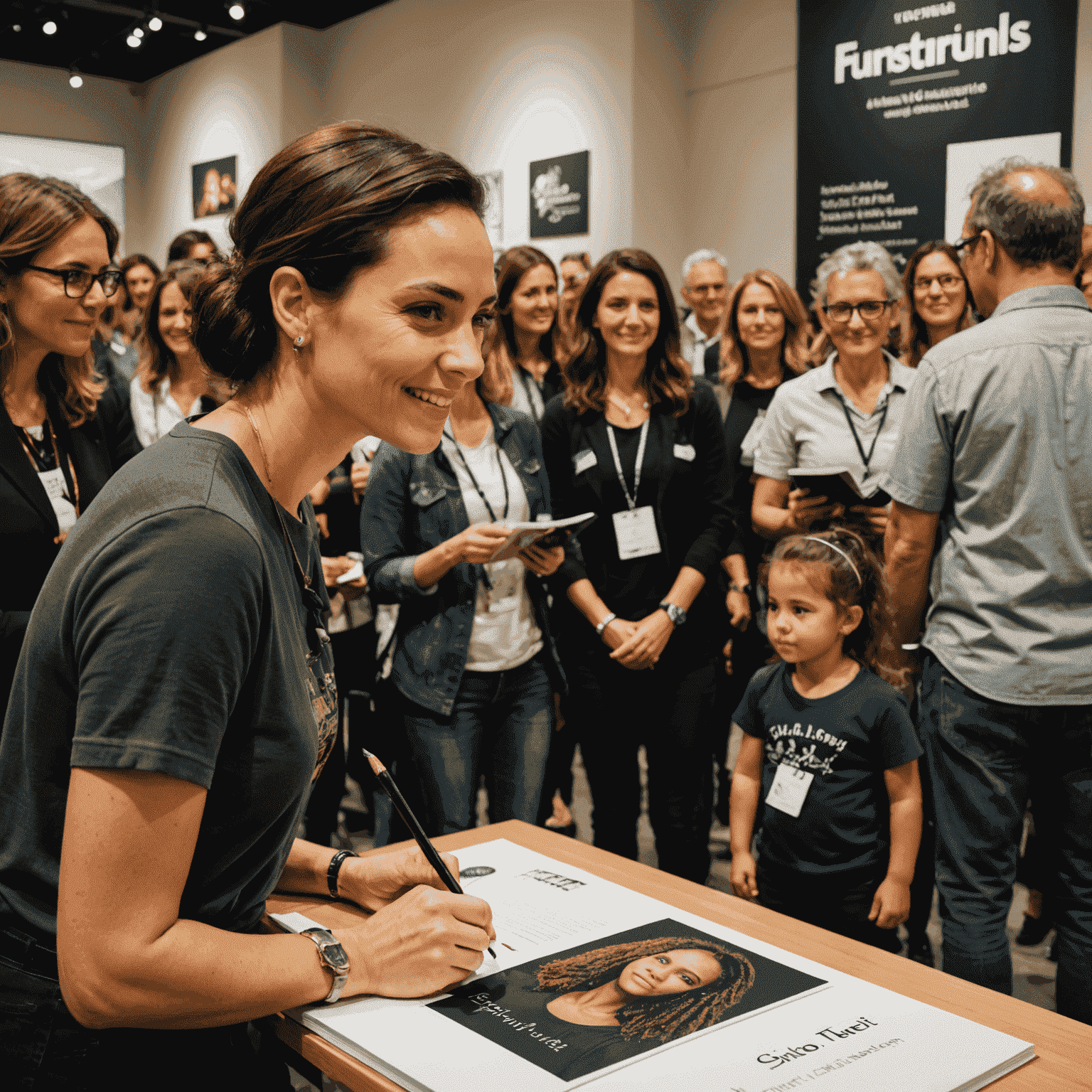 Simone Tebet em um evento de lançamento de seu livro, assinando autógrafos para uma fila de fãs entusiasmados, com um banner de seu livro ao fundo