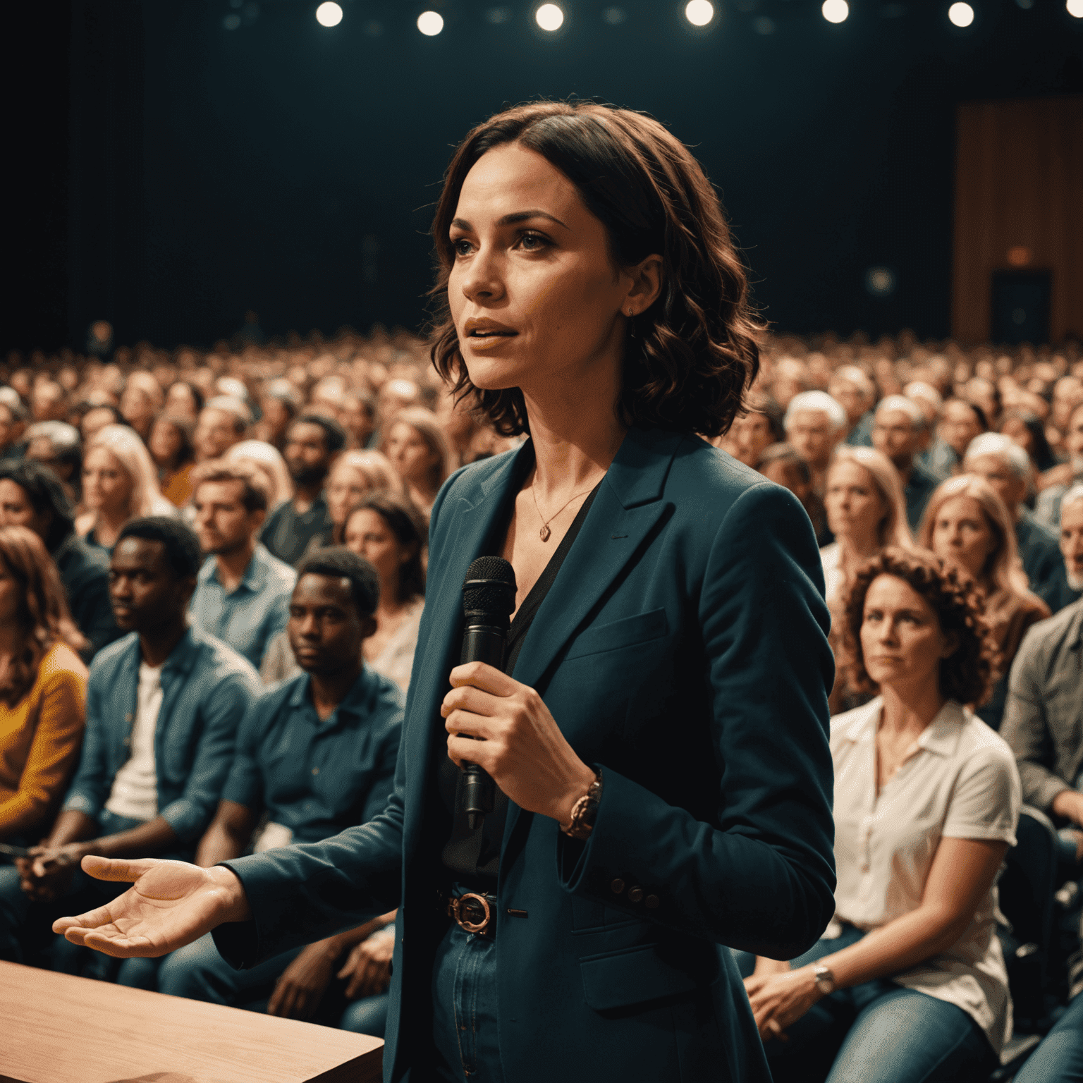 Simone Tebet em um palco, falando para uma plateia atenta em um auditório lotado