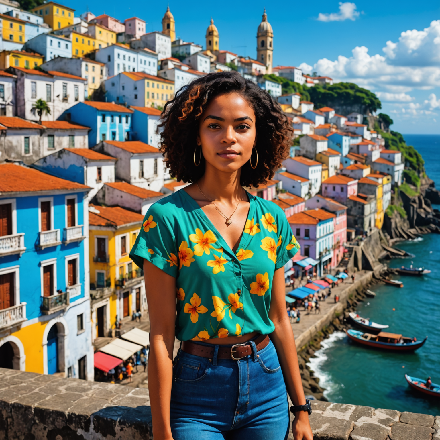 Simone Tebet em um cenário colorido em Salvador, com o Pelourinho ao fundo