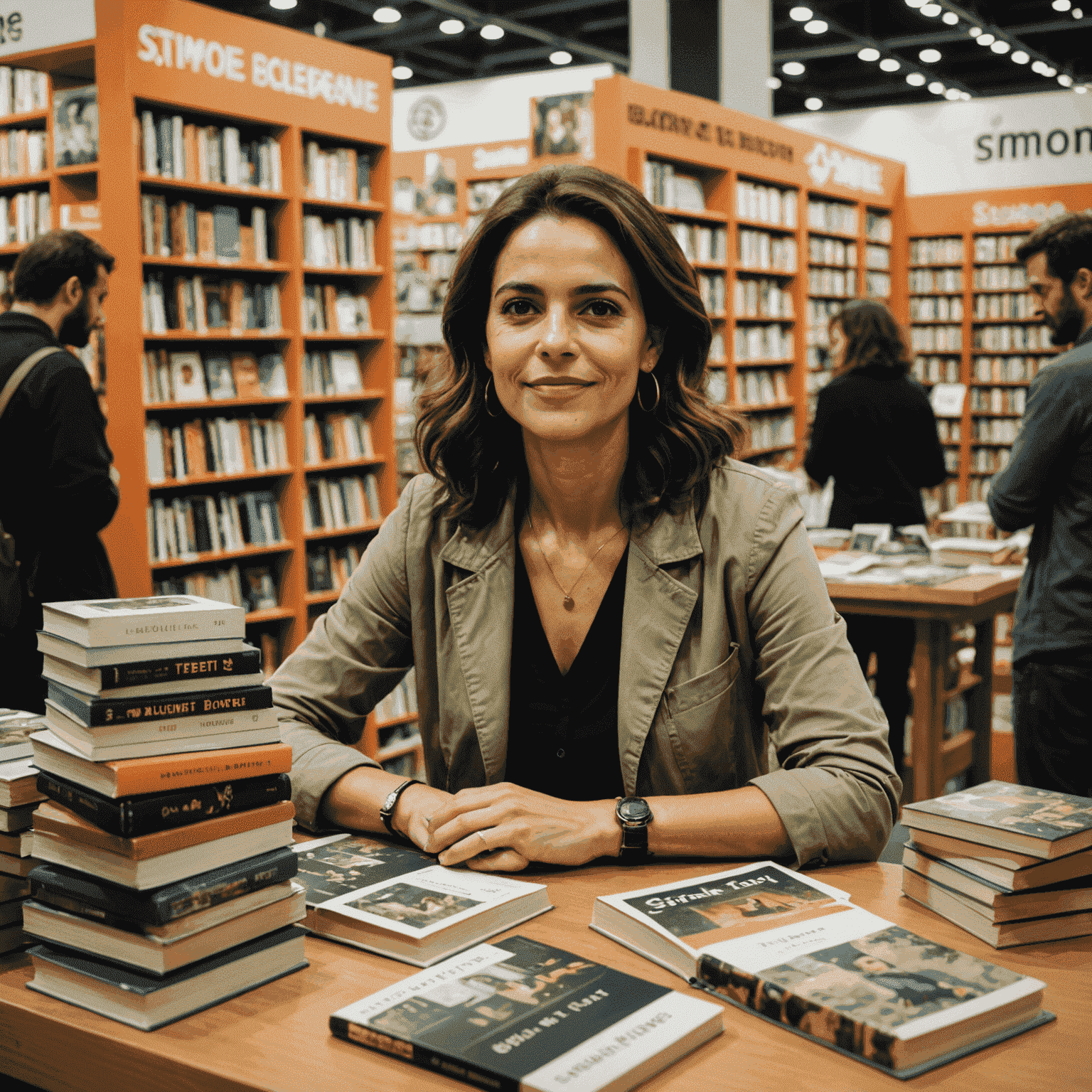 Simone Tebet em um estande na Feira do Livro de Porto Alegre, cercada por pilhas de seus livros e conversando com leitores