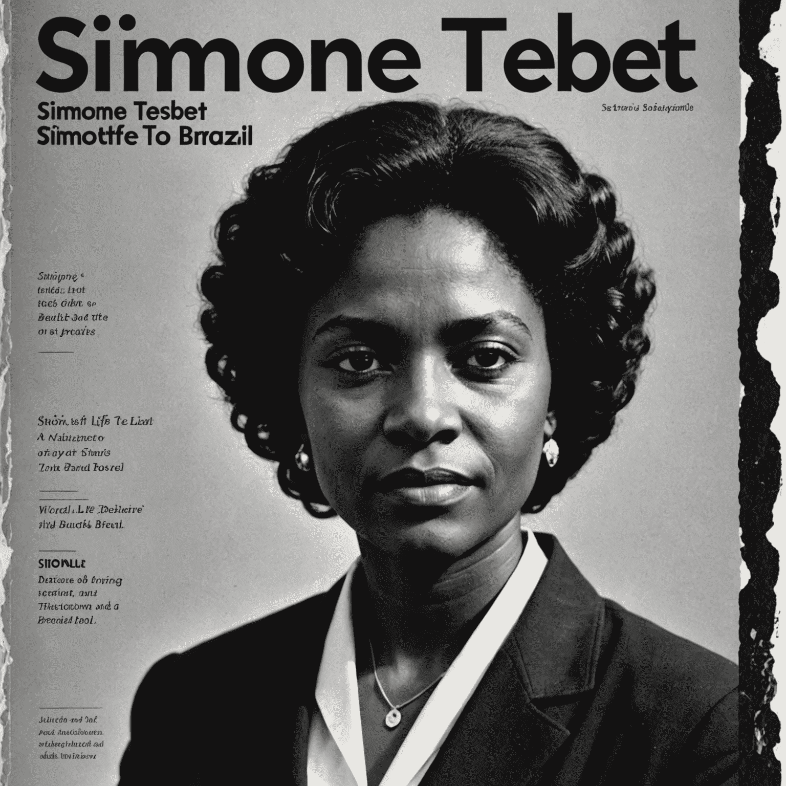 Capa da biografia oficial de Simone Tebet, mostrando uma foto em preto e branco da autora com o título 'Simone Tebet: Uma Vida Dedicada ao Brasil'