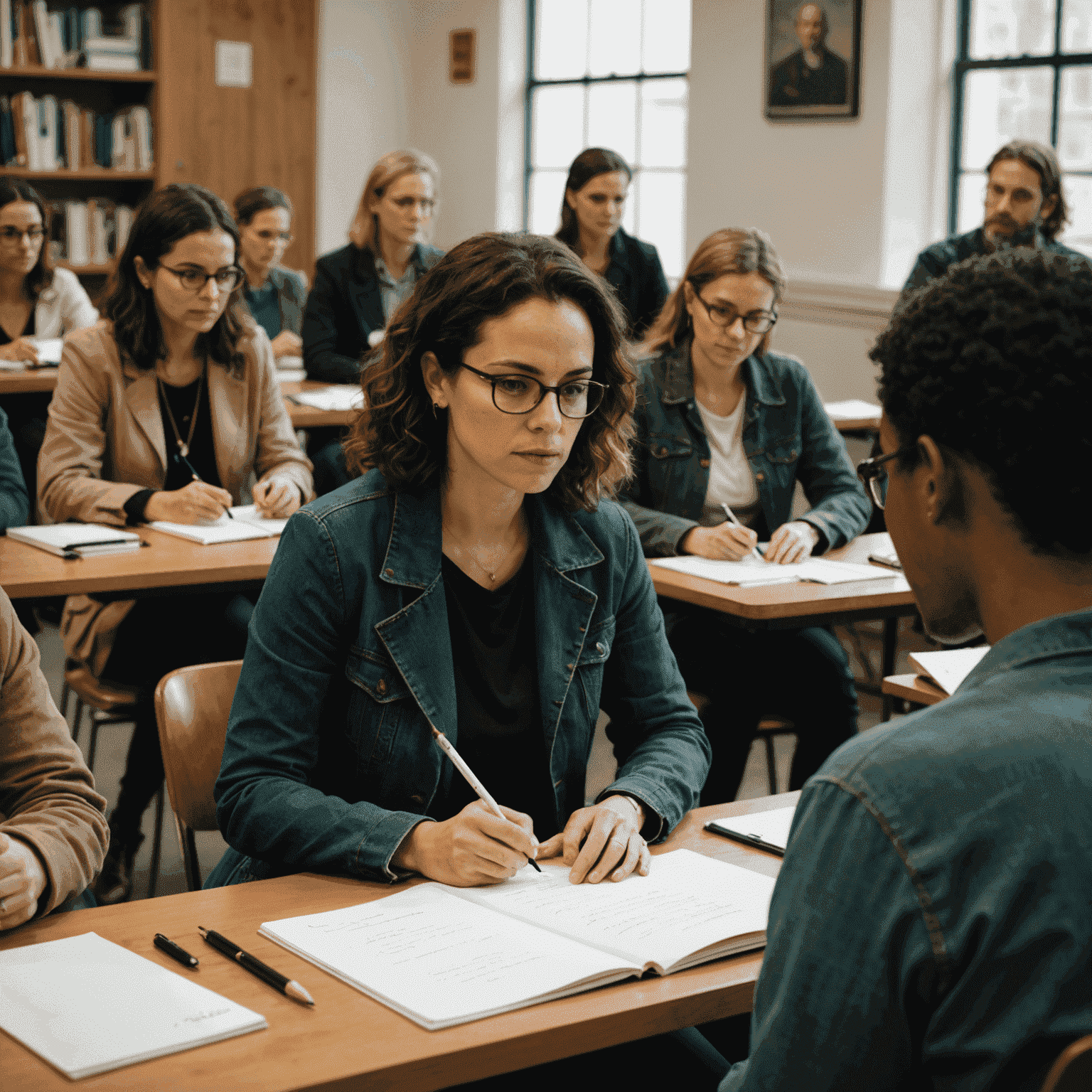 Simone Tebet liderando um workshop de escrita, com participantes atentos fazendo anotações